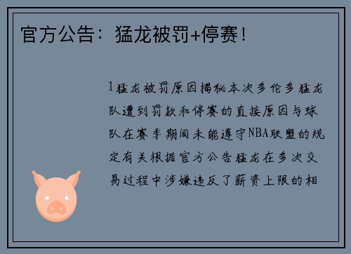 官方公告：猛龙被罚+停赛！